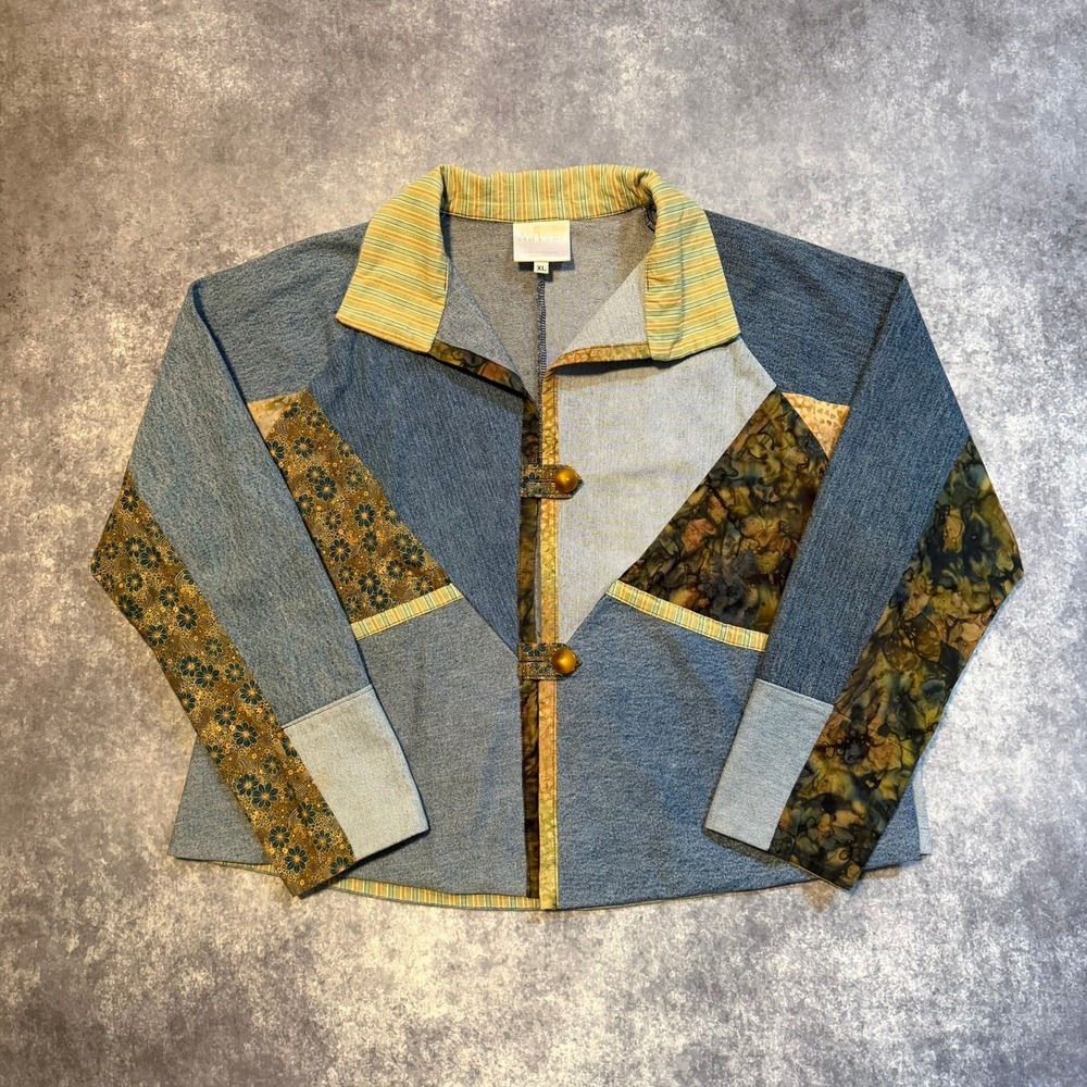Vintage Patchwork Denim Jacket Womens XL Blue Floral Art Made In USA‎ 70s 80s - Picture 2 of 6